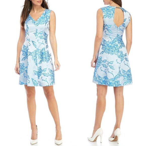 New! NANETTE LEPORE Women's Floral Double V-neck Jacquard Dress Blue Size 12 - Picture 1 of 4